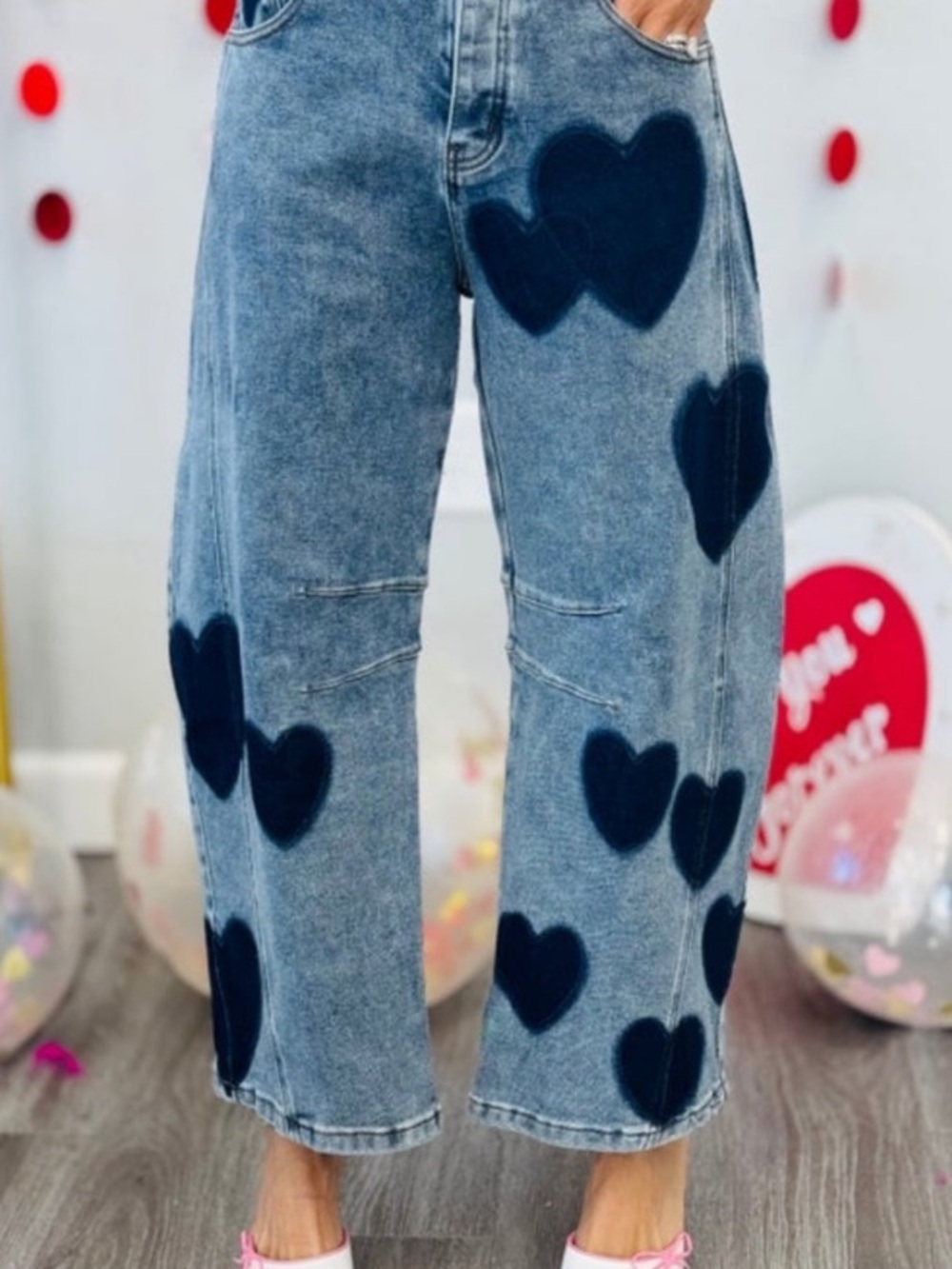Blue Velvet Going Steady Heart Stamped Wide Leg Barrel Jeans Defect Small